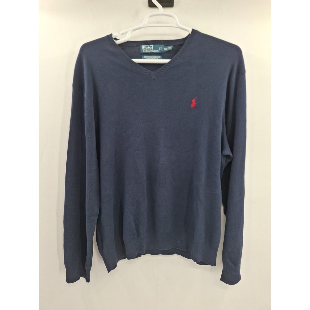 Polo Ralph Lauren Mens XXL 100% Puma Cotton Blue V Neck Sweater